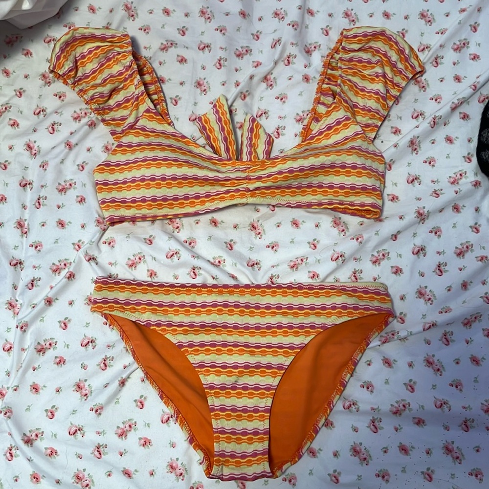aerie puff sleeve tie back multicolor bikini set
